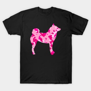 Lilly the Shiba Inu Silhouette - Pink Camo on Black T-Shirt